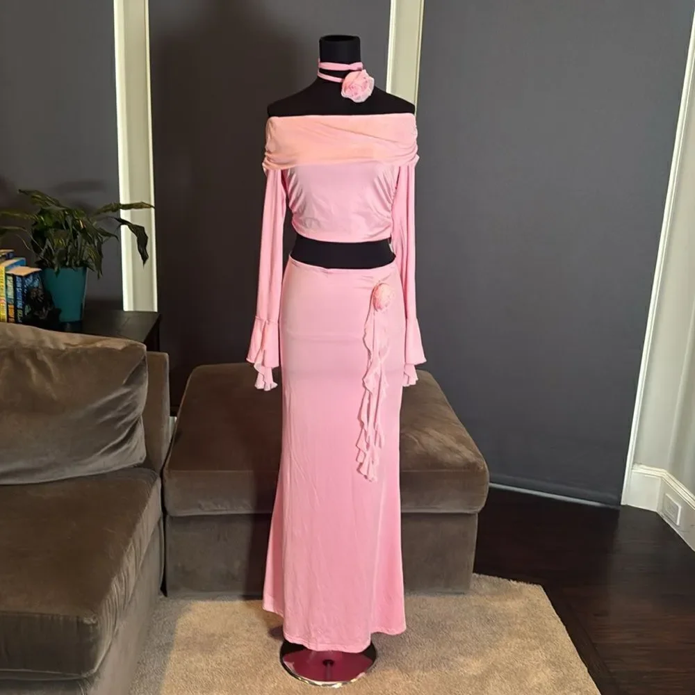 Pink 2 Piece Set Off the Shoulder Long Sleeve Crop Top & Skirt Size L NEW